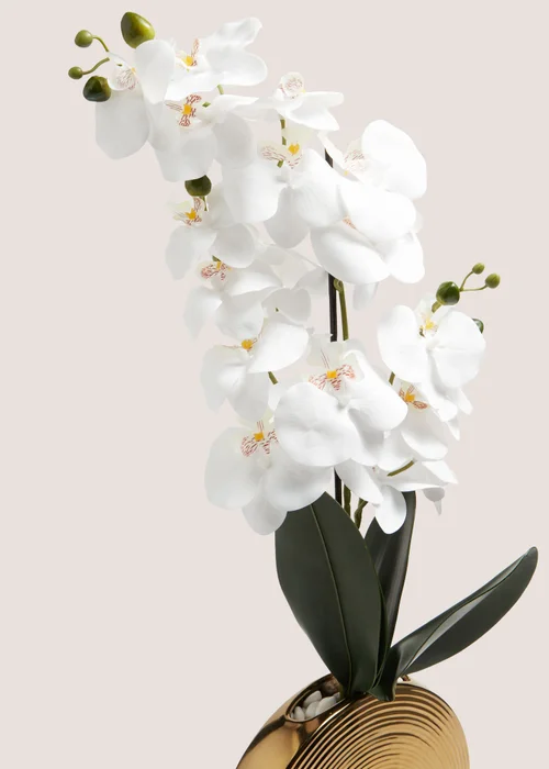 White Faux Orchid In Circular Gold Vase (35cm x 26cm x 74cm) Image 2