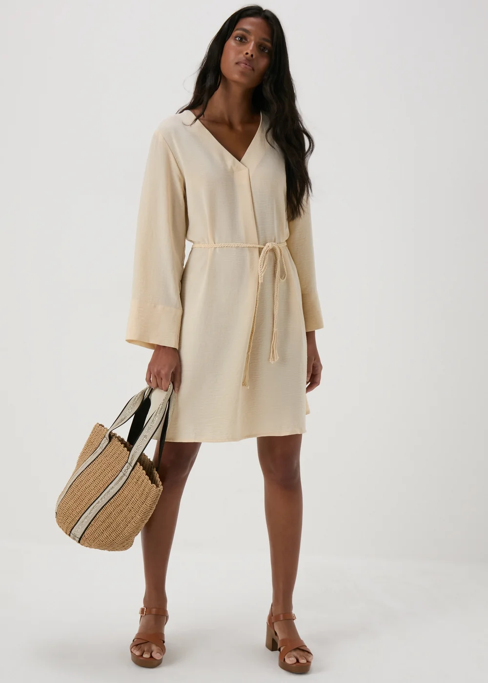 JDY Cream V Neck Belt Dress - 8 Image 4