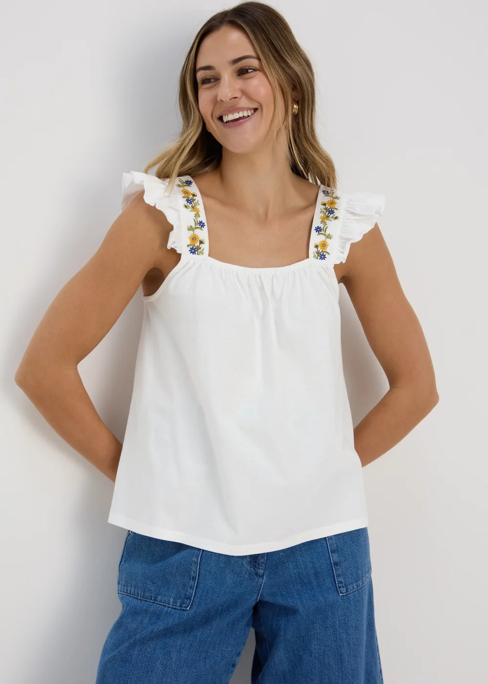 White Embroidered Strap Vest - 8 Image 1