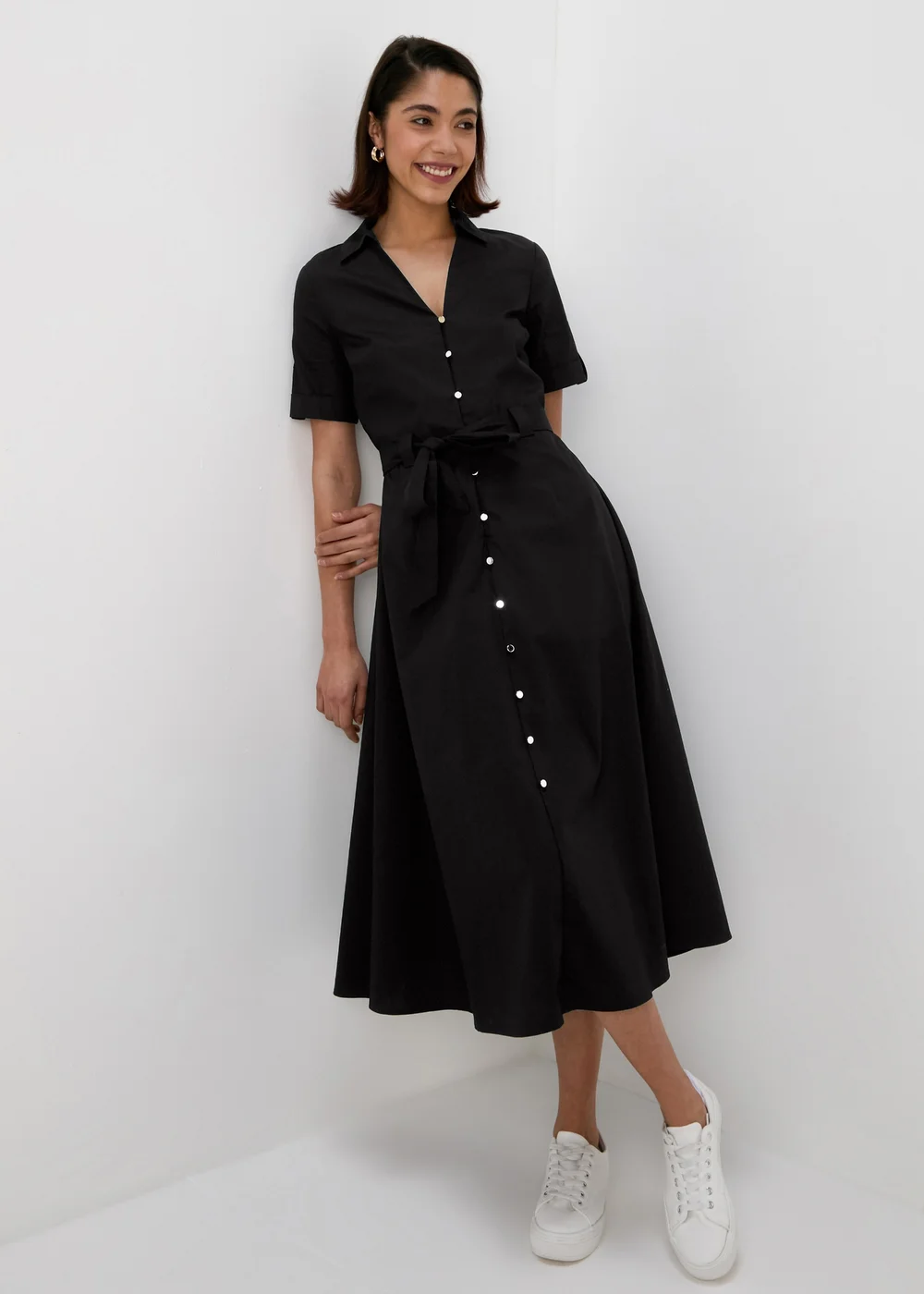 black midi shirt dress uk Black Swing Midi Shirt Dress