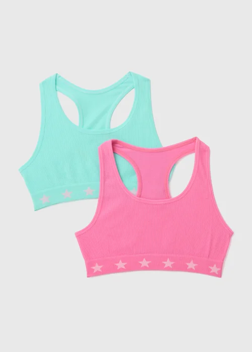 Girls 2 Pack Pink & Blue Racer Back Ribbed Crop Tops (6-13yrs) - 6-7 Yrs Image 1