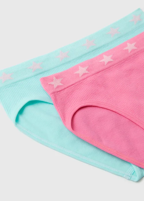 Girls 2 Pack Pink & Blue Ribbed Briefs (6-13yrs) - Age 6 - 7 Years Image 2