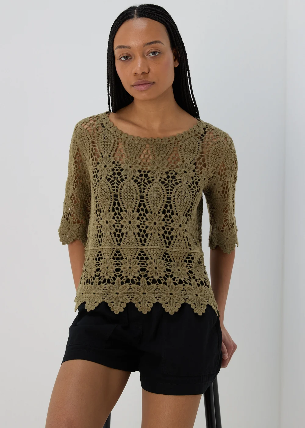 Khaki Crochet Lace Top - 8 Image 1