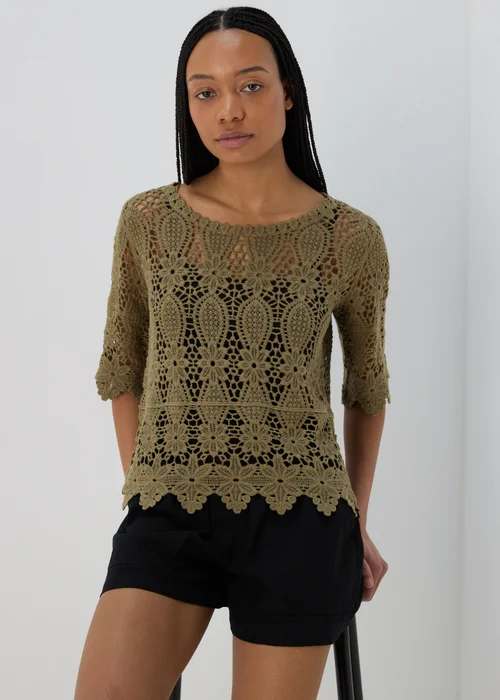 Khaki Crochet Lace Top - 8 Image 1