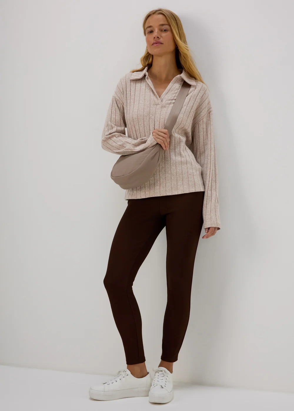 Beige Ribbed Polo Shirt - 8 Image 4