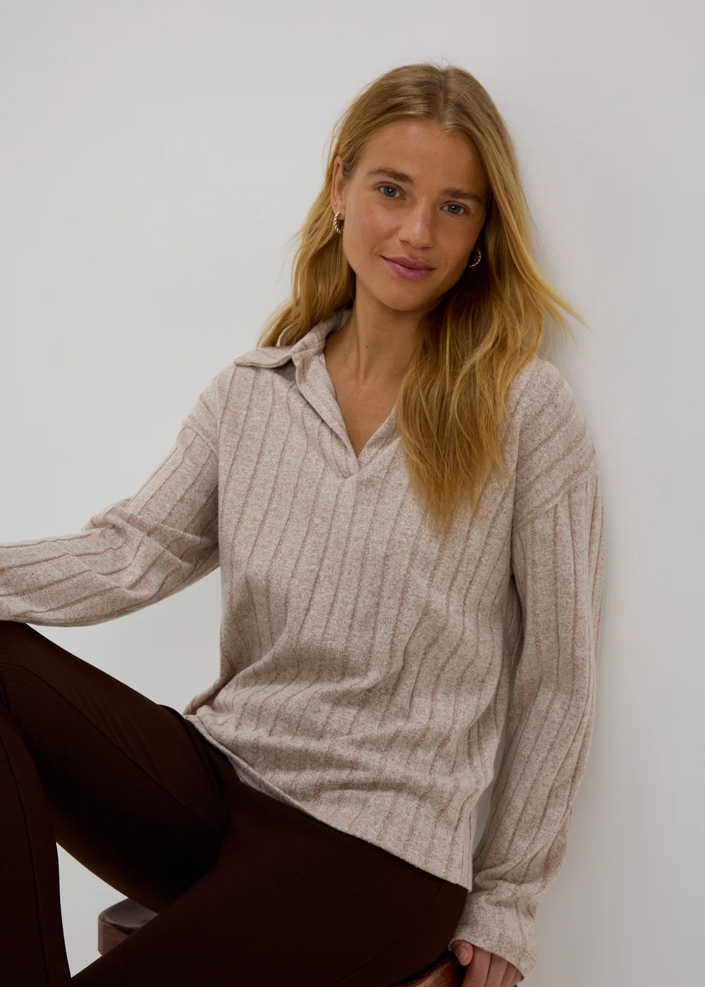 Beige Ribbed Polo Shirt - 8 Image 1