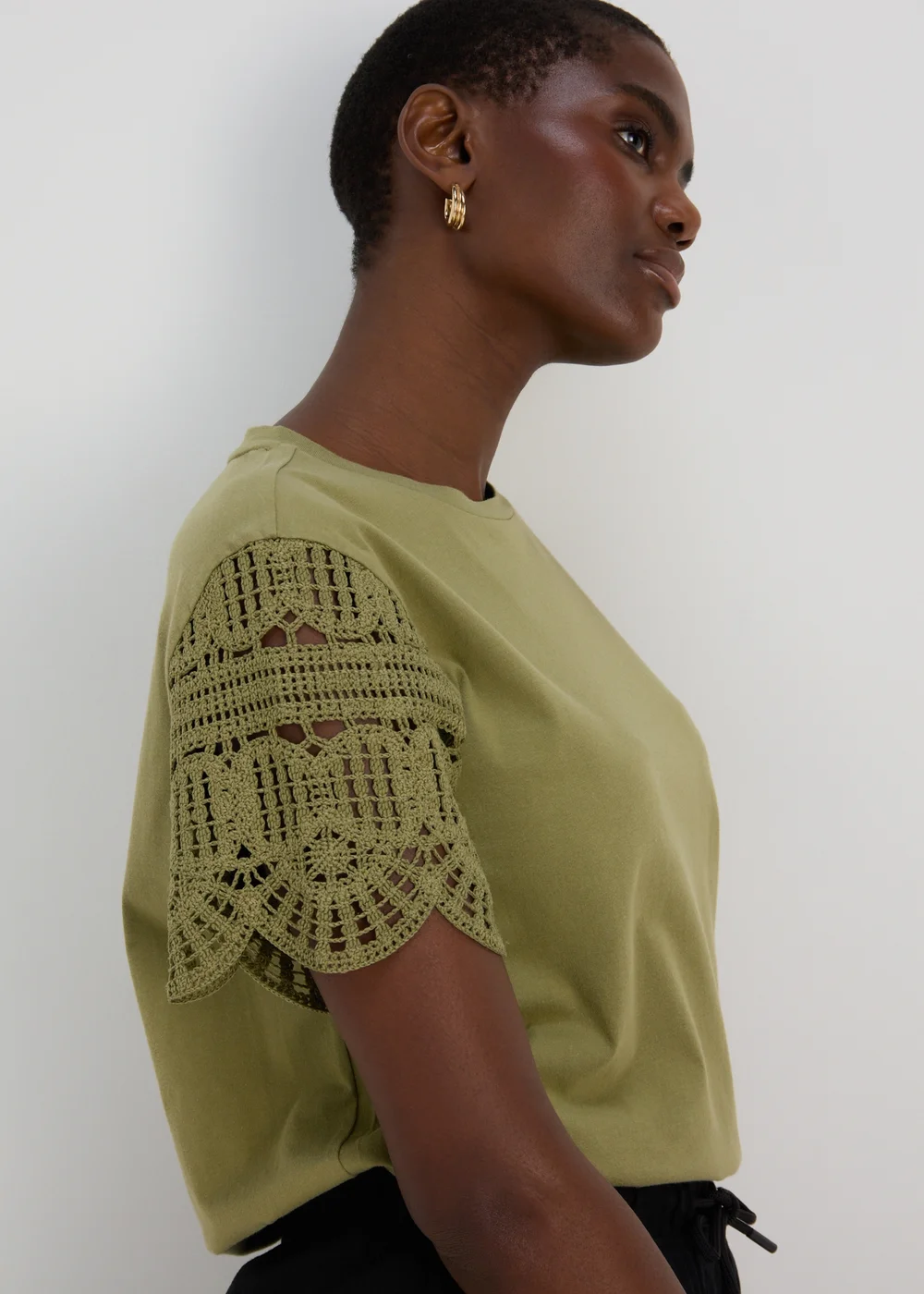 Khaki Crochet Sleeve T-Shirt - 8 Image 3