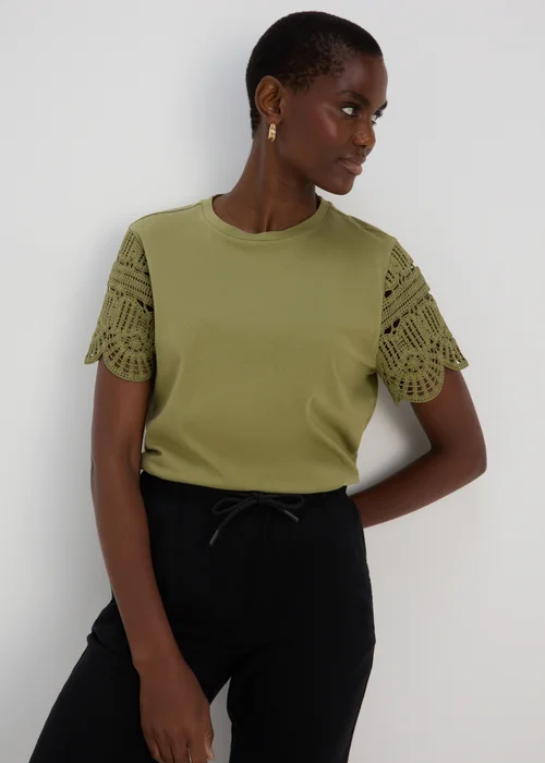 Khaki Crochet Sleeve T-Shirt - 8 Image 1