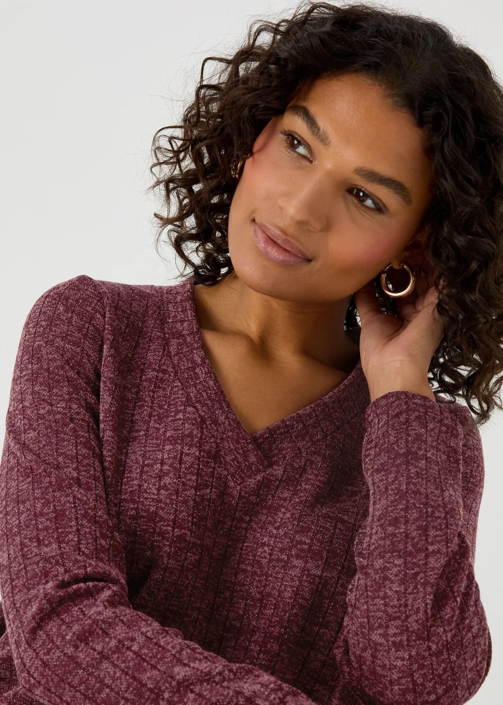 Burgundy V Neck Ribbed Midi Dress - 8 Image 3