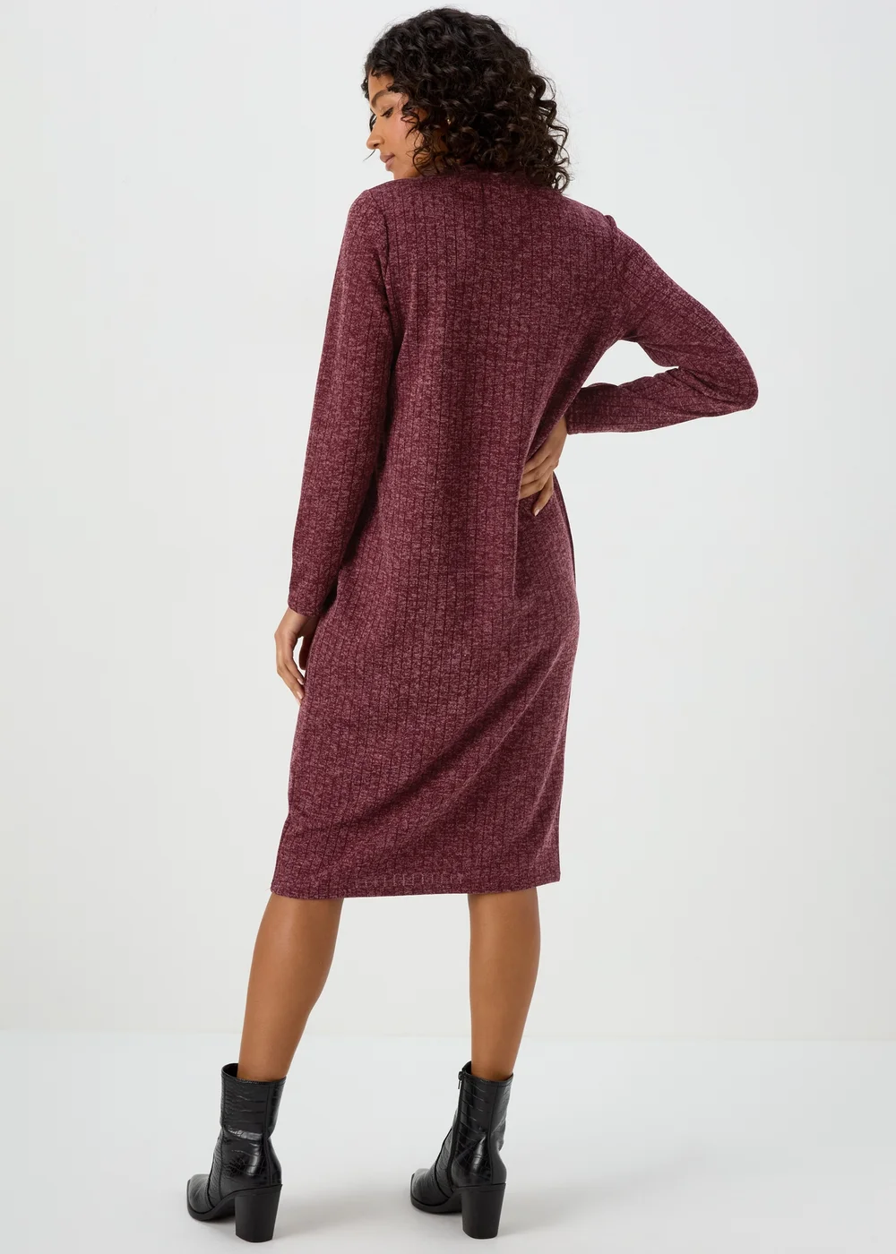 Burgundy V Neck Ribbed Midi Dress - 8 Image 2