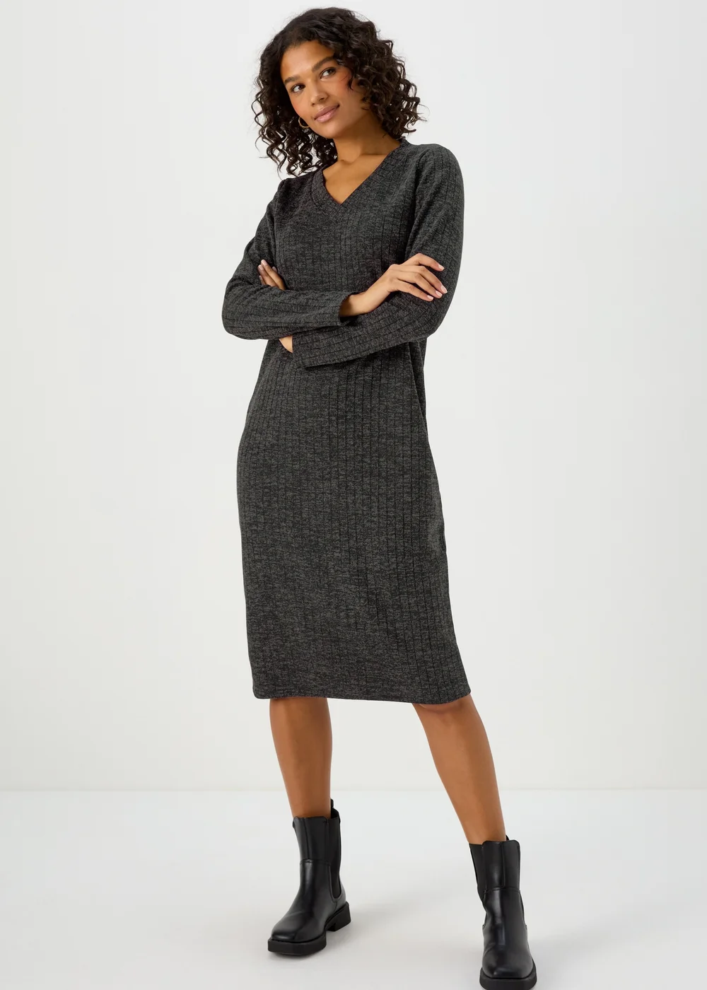Grey V Neck Ribbed Midi Dress - 8 Image 1