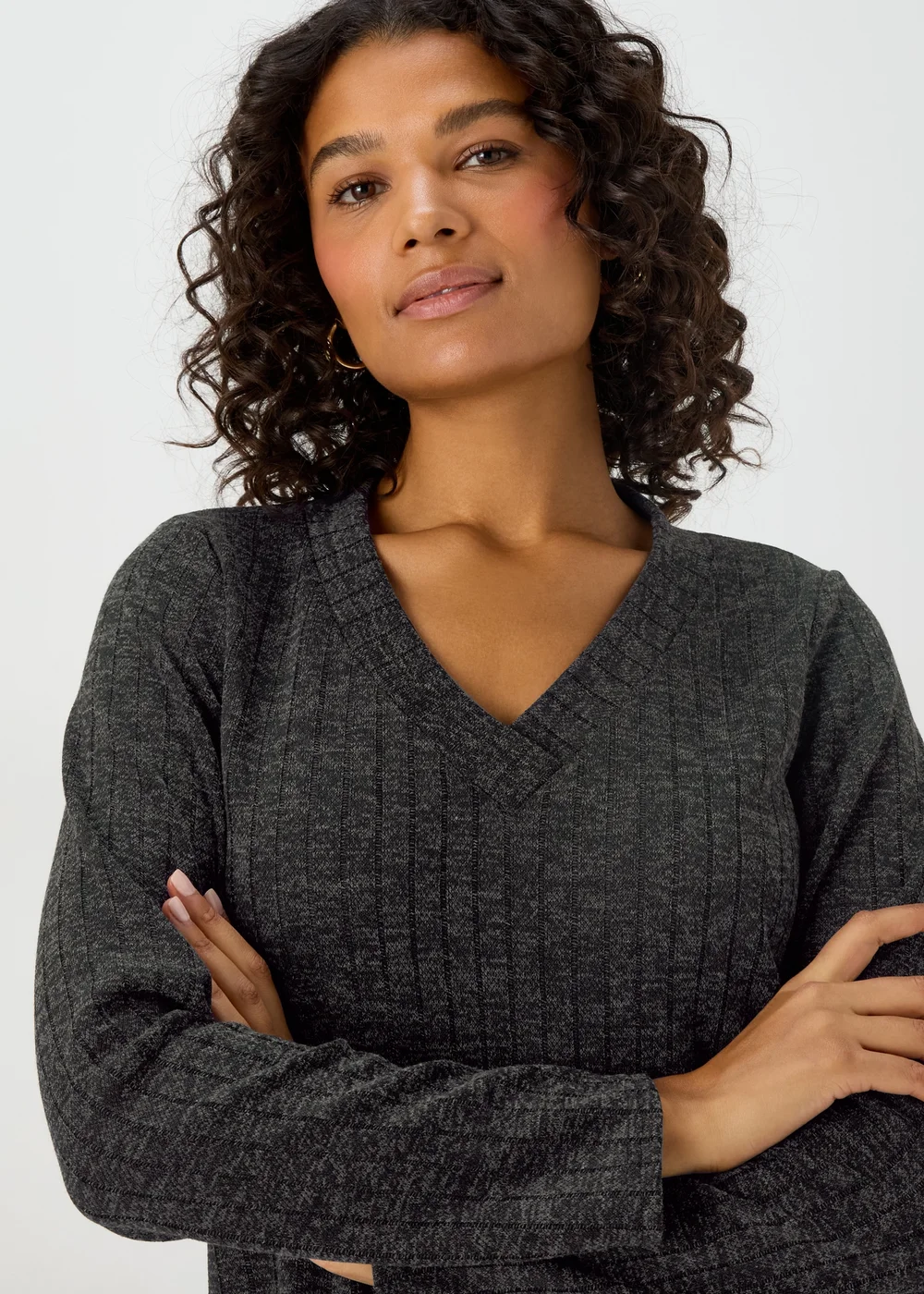 Grey V Neck Ribbed Midi Dress - 8 Image 3