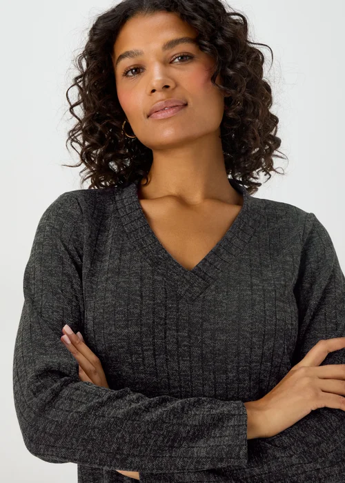 Grey V Neck Ribbed Midi Dress - 8 Image 3