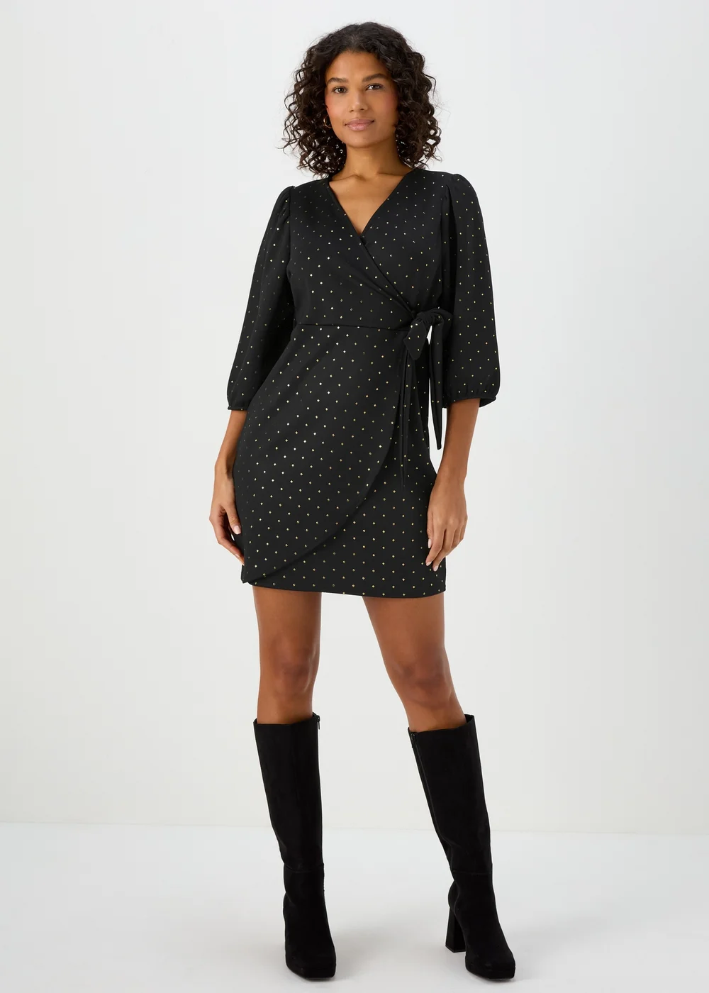Black & Gold Spot Print Wrap Mini Dress - 8 | Matalan Black & Gold Spot Print Wrap Mini Dress - 8 | Matalan