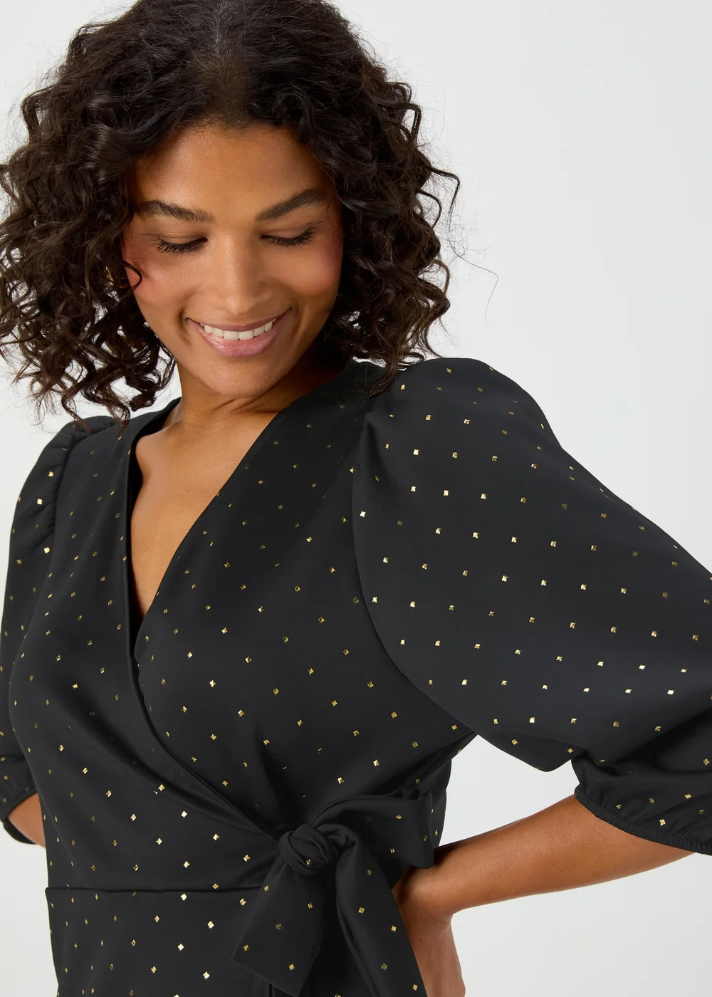 Black & Gold Spot Print Wrap Mini Dress - 8 | Matalan Black & Gold Spot Print Wrap Mini Dress - 8 | Matalan