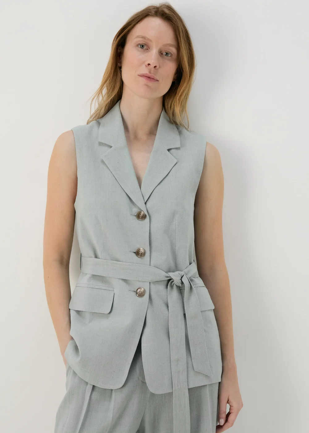 Et Vous Sage Green Belted Linen Waistcoat - 8 Image 1