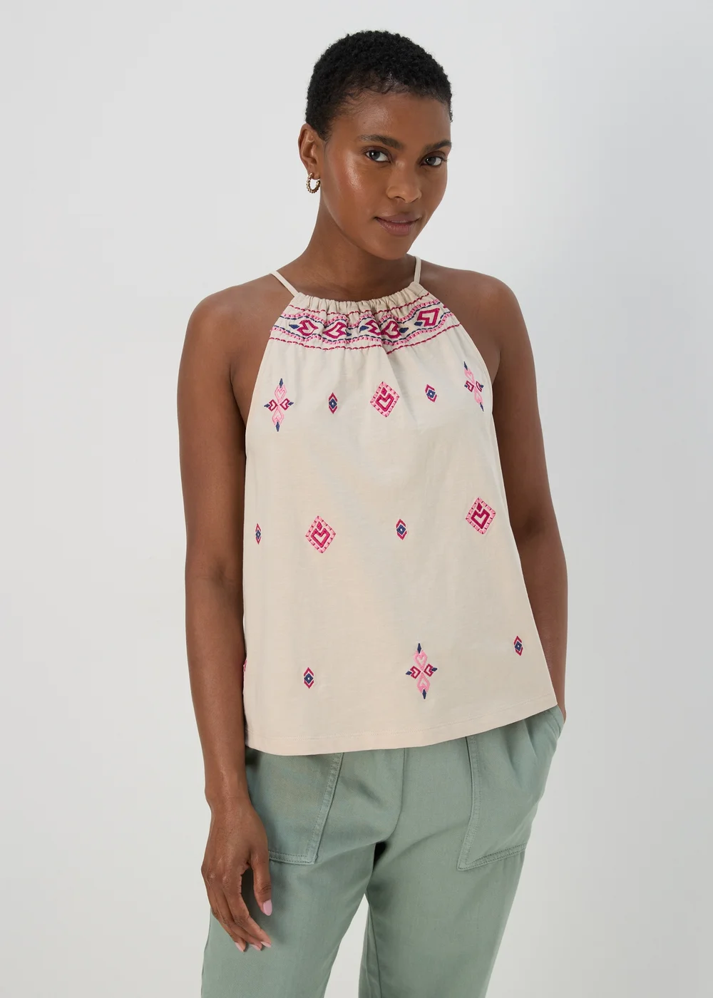 Cream & Coral Embroidered Cami Top - 8 Image 1