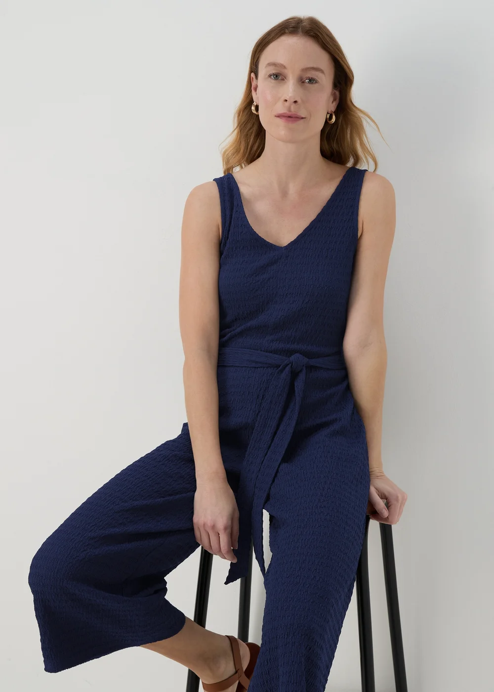 Navy V Neck Crinkle Jumpsuit - 8 Image 1