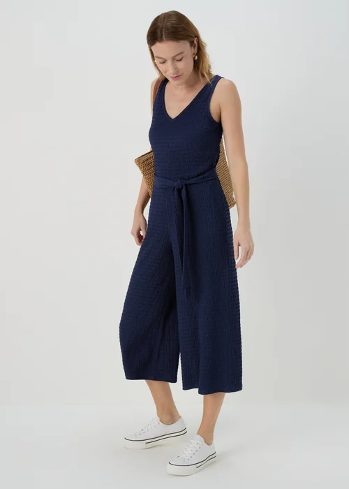 Navy V Neck Crinkle Jumpsuit - 8 Image 4