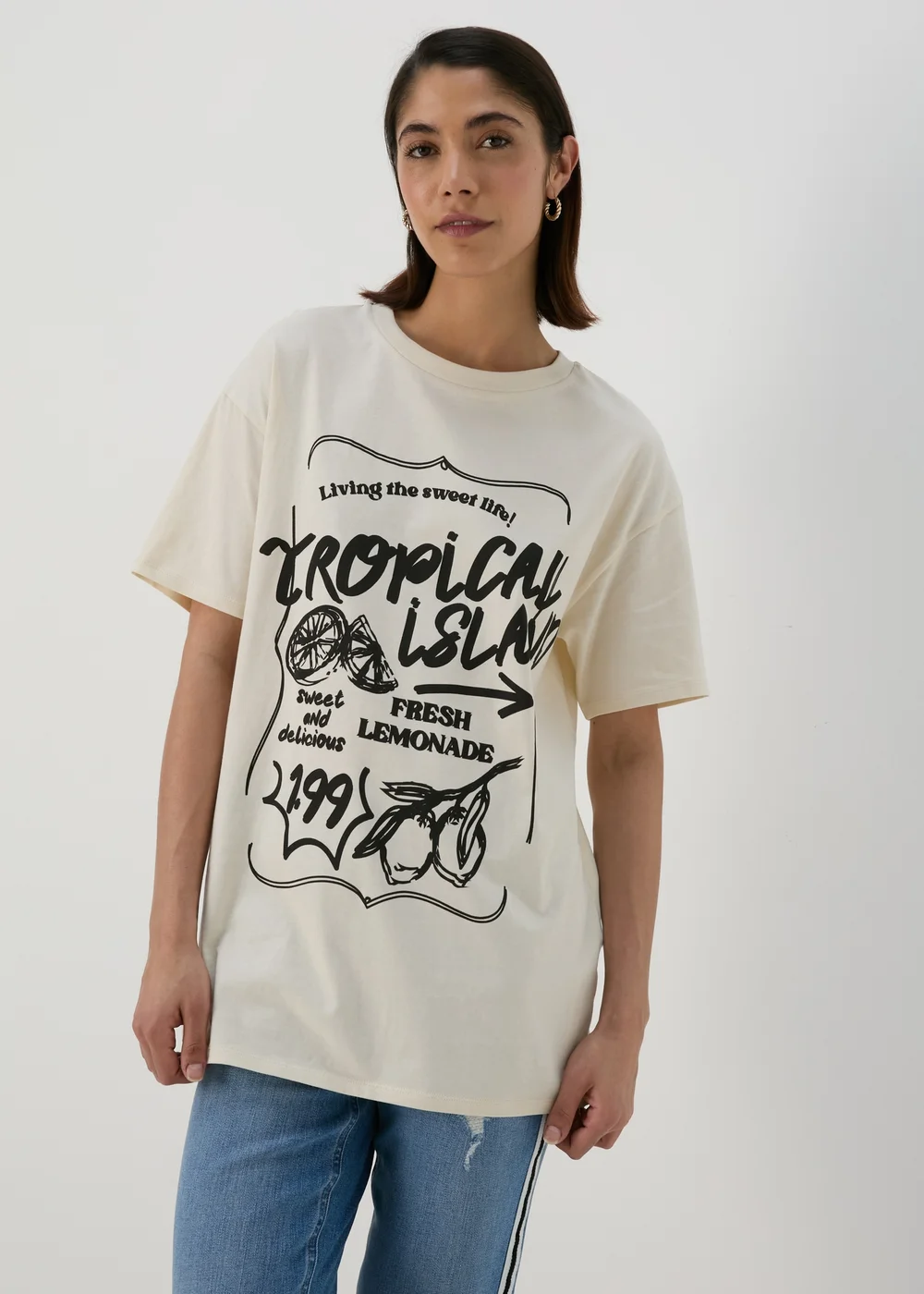 Cream Tropical Island Oversized T-Shirt - S Image 1