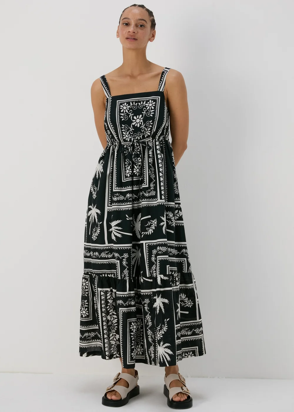 Black Floral Print Strappy Midi Dress - 8 Image 1