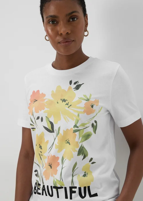 White Floral Print Slogan T-Shirt - Size 8 Image 3