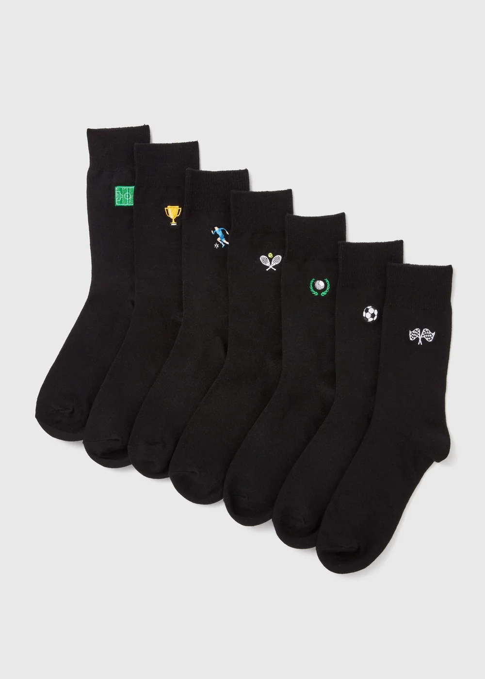 7 Pack Black Embroidery Sports Socks - 6-8.5 Image 1
