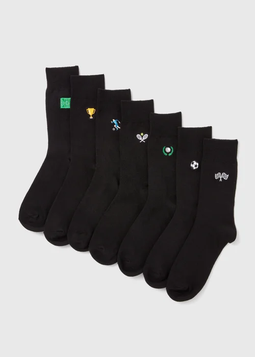 7 Pack Black Embroidery Sports Socks - 6-8.5 Image 1