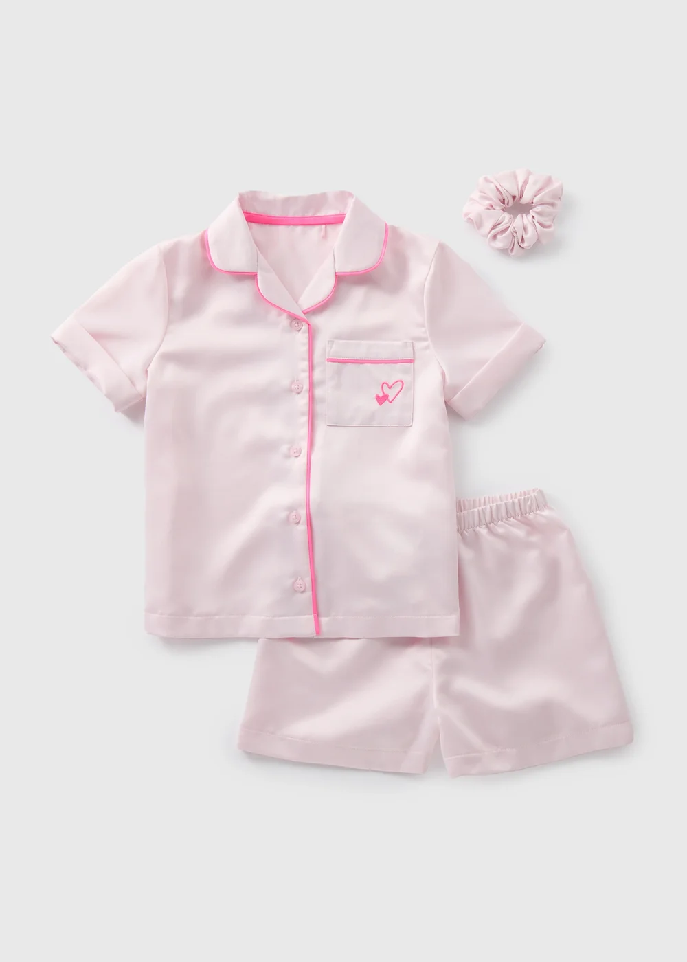 Girls Pink Satin Shortie Pyjama & Scrunchie Set (4-13yrs) - Age 4 Years Image 1