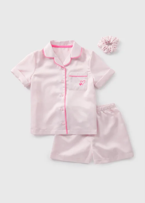 Girls Pink Satin Shortie Pyjama & Scrunchie Set (4-13yrs) - Age 4 Years Image 1
