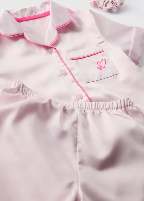 Girls Pink Satin Shortie Pyjama & Scrunchie Set (4-13yrs) - Age 4 Years Image 2
