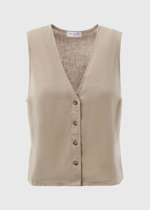 Taupe Solid Linen Button Vest - 8 Image 5