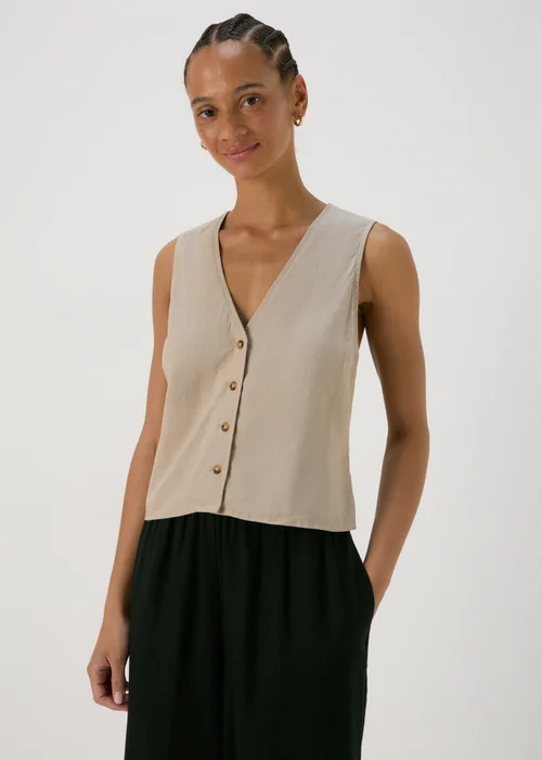 Taupe Solid Linen Button Vest - 8 Image 3
