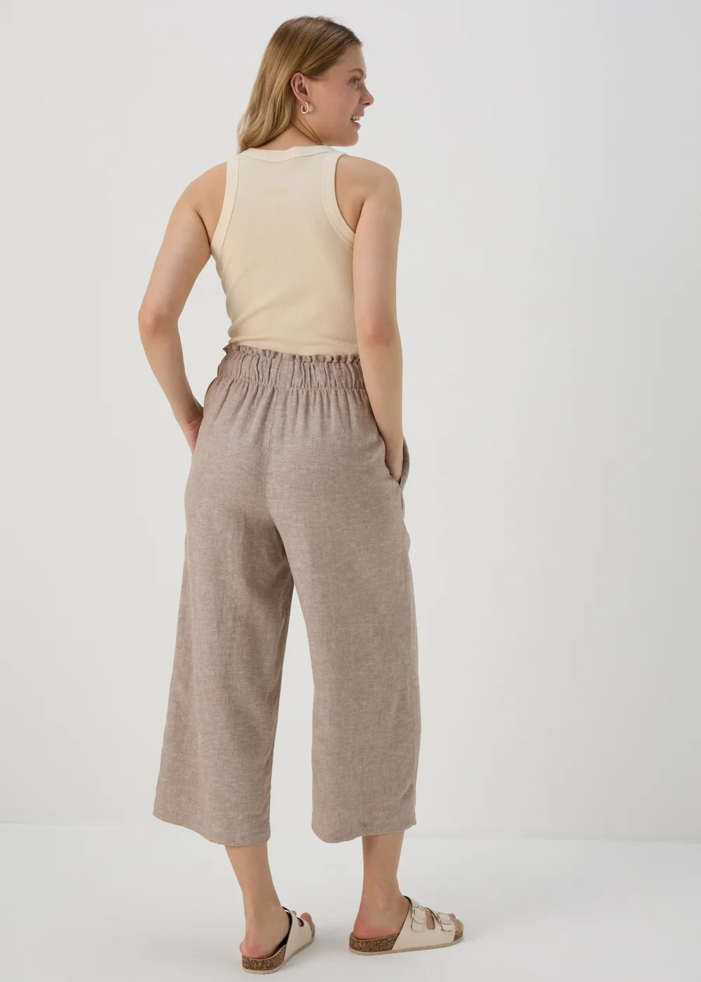 Stone Wide Leg Linen Crop Trousers - 8 Image 2