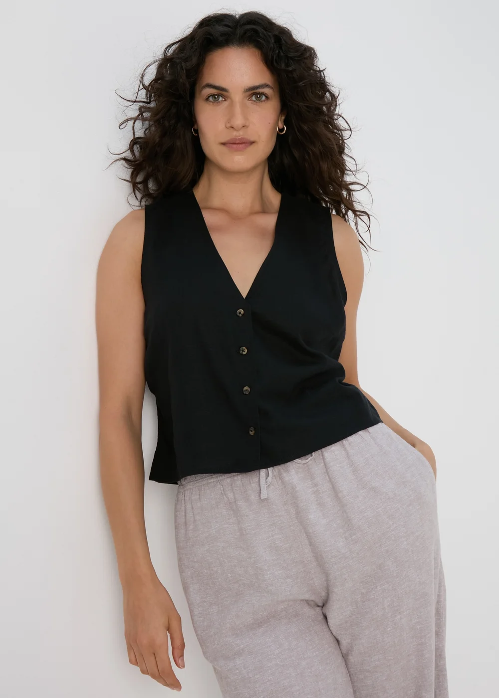 Black Solid Linen Button Vest - Size 8 Image 1