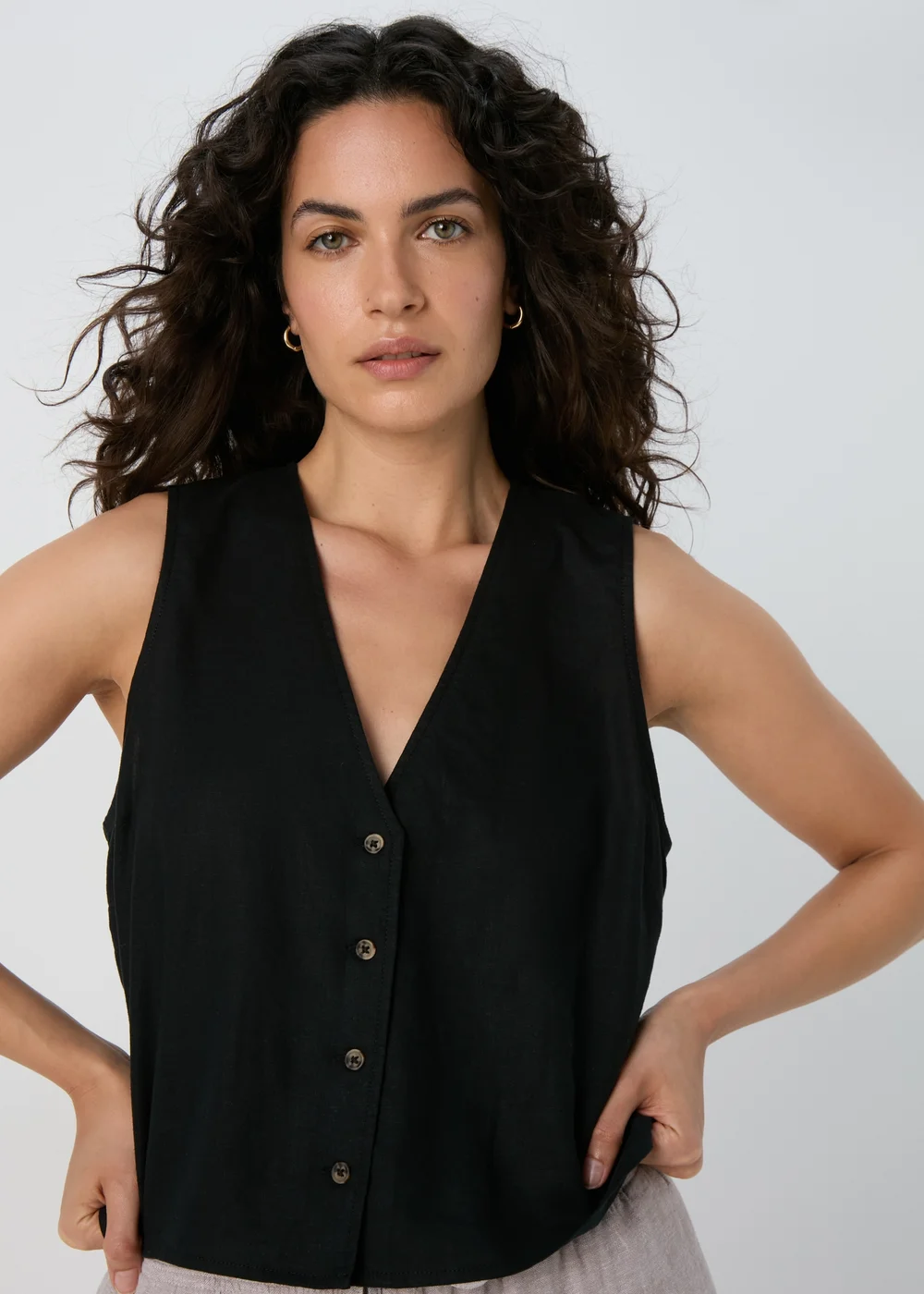 Black Solid Linen Button Vest - Size 8 Image 3