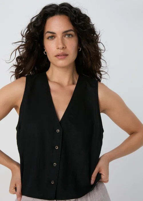 Black Solid Linen Button Vest - Size 8 Image 3