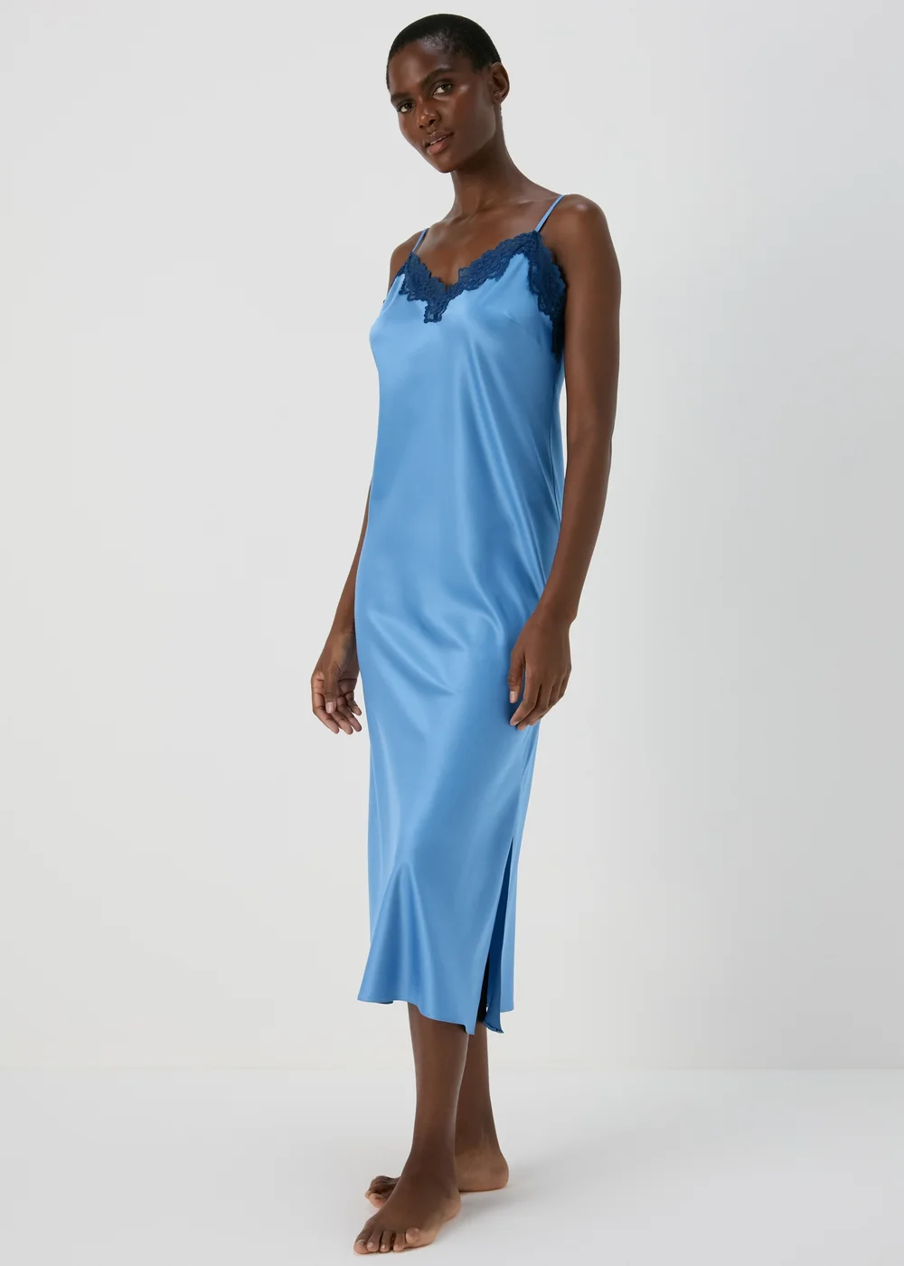 Blue Satin Contrast Lace Chemise Nightie - Size 8 Image 1