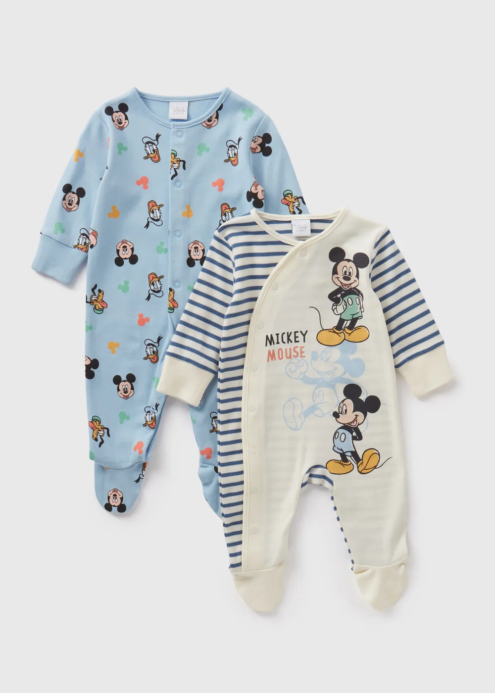 Disney 2 Pack Baby Blue Mickey Mouse Sleepsuits (Newborn-18mths) - Tiny Baby Image 1