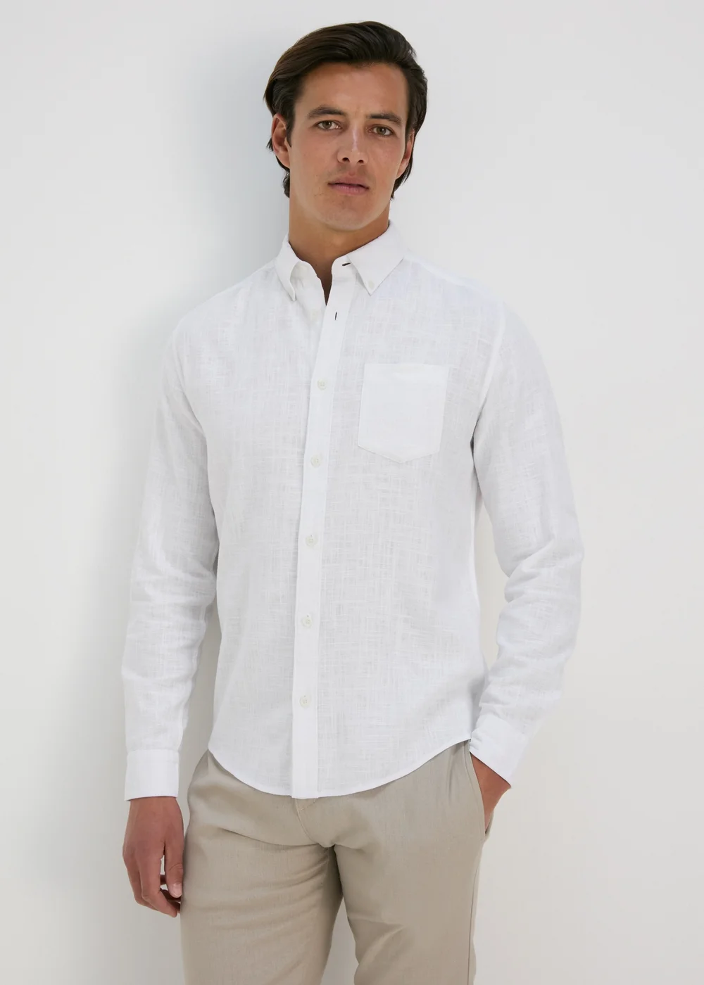 White Roll Up Sleeve Linen Viscose Shirt - S Image 1