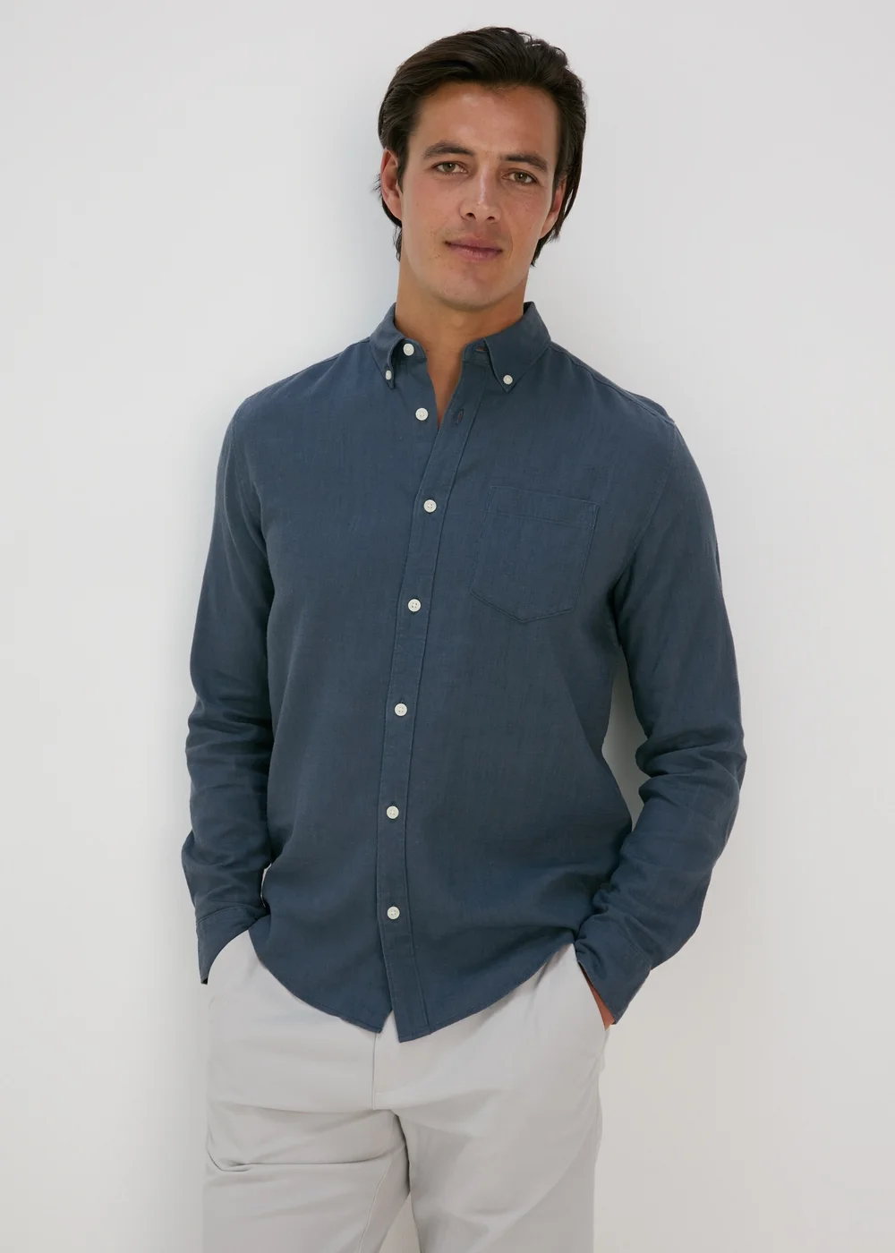 Navy Roll Sleeve Linen Viscose Shirt - S Image 1