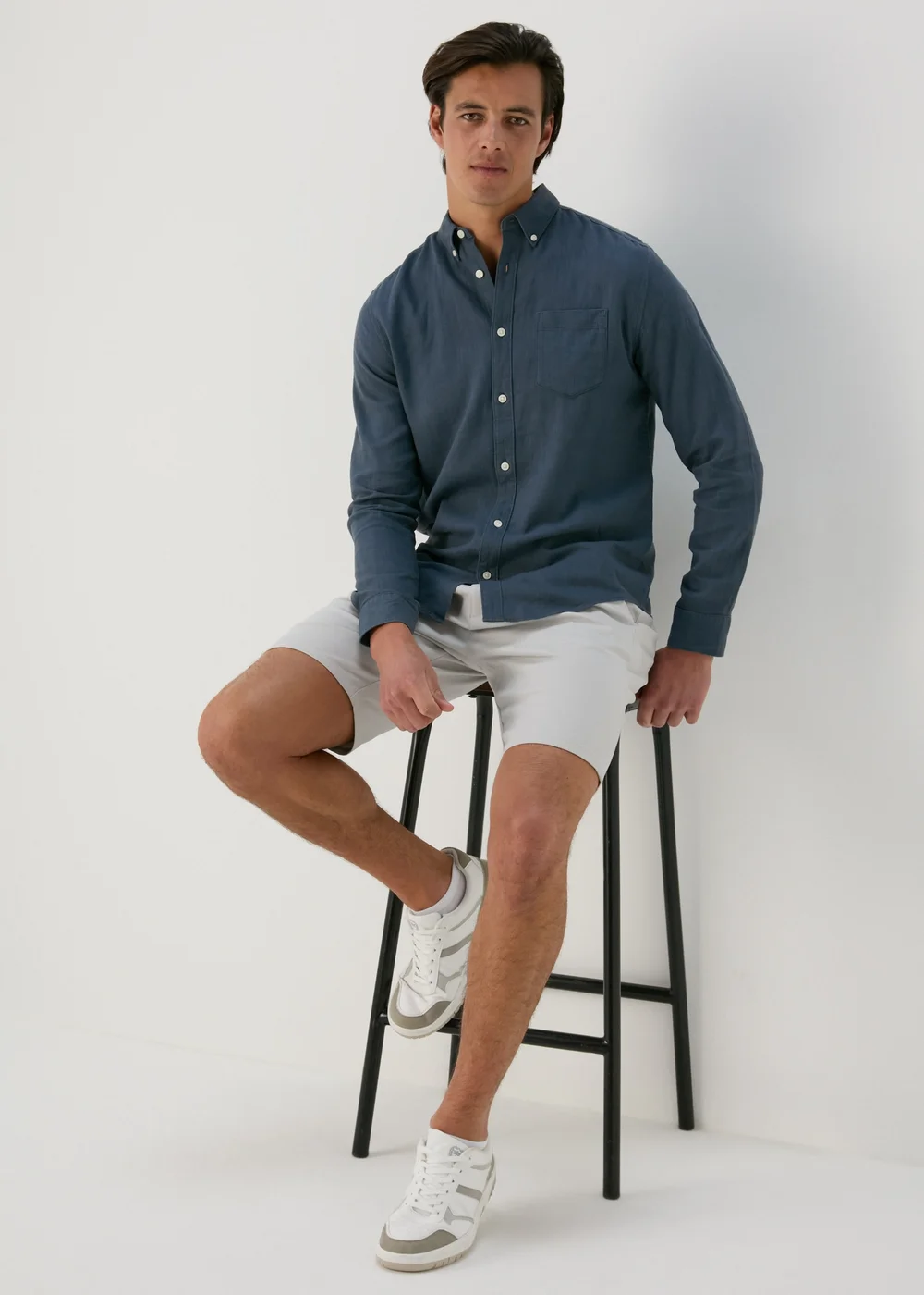 Navy Roll Sleeve Linen Viscose Shirt - S Image 4