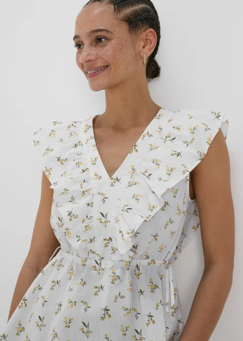 White Floral Print Ruffled Sides Blouse Top - Size 8 Image 3