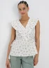 White Floral Print Ruffled Sides Blouse Top - Size 8 Image 1