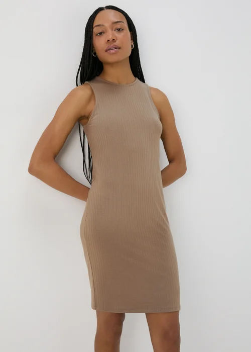Taupe Racer Ribbed Mini Dress - 8 Image 1
