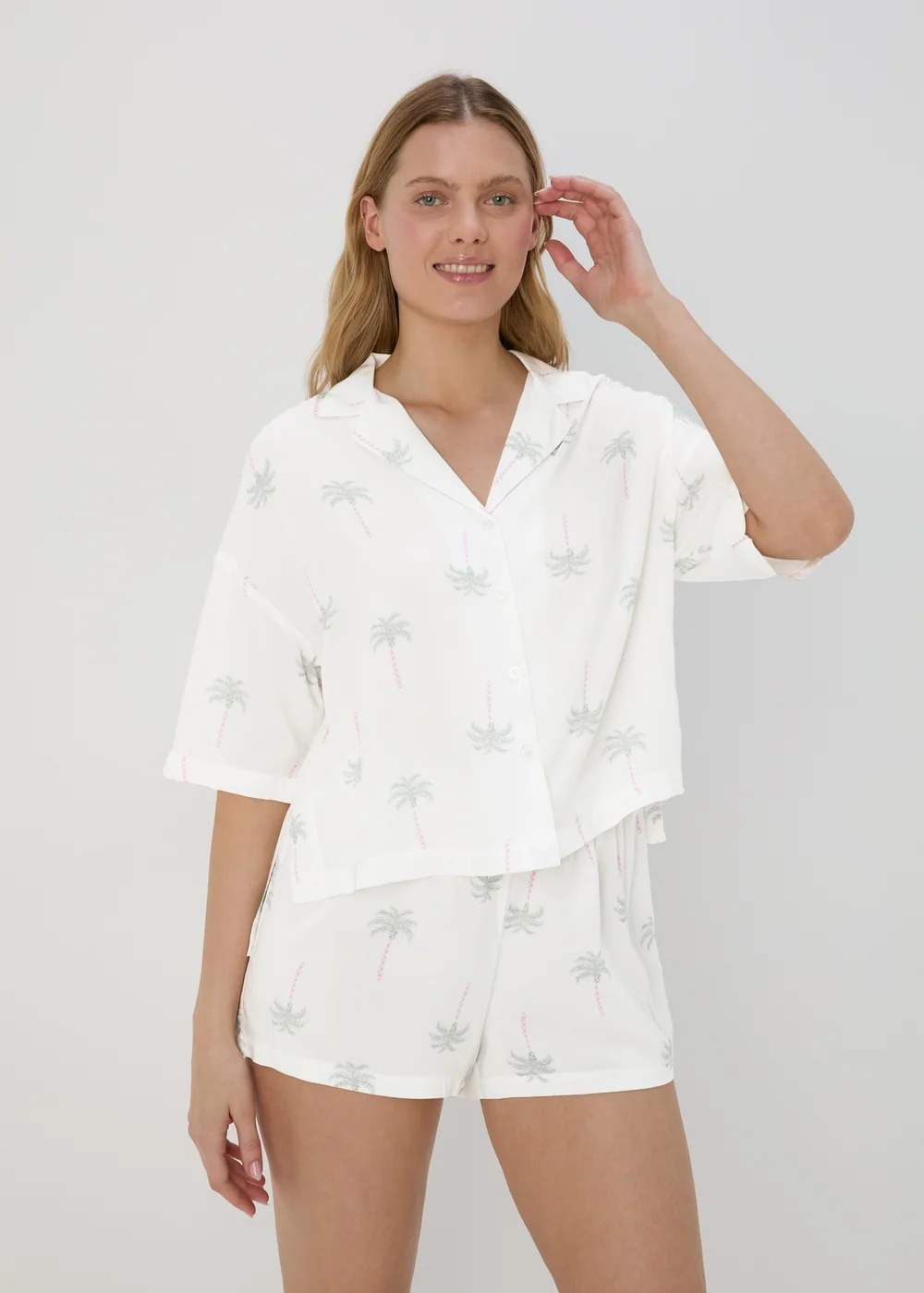 Cream Palm Print Viscose Pyjama Set - Size 8 Image 1