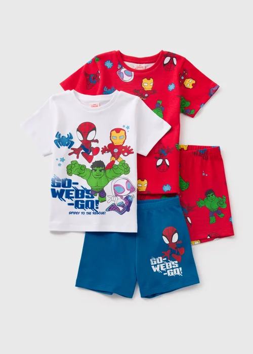 2 Pack Marvel Kids Red Spidey Friends Pyjama Top & Shorts Set (1-7yrs) - 1 half year to 2 Image 1