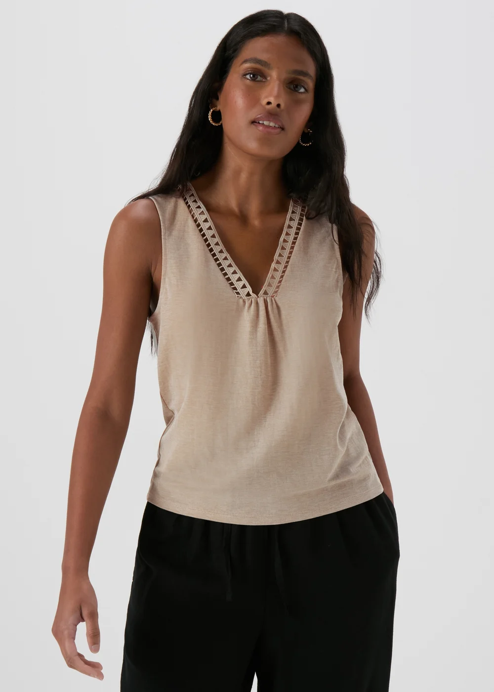 JDY Beige V Neck Crochet Top - Size 8 Image 1