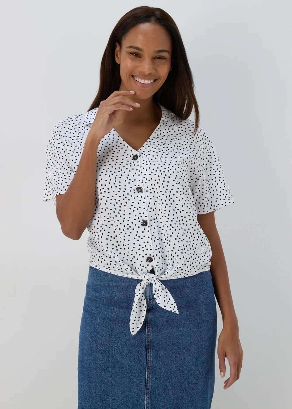 White Spot Print Tie Front Viscose Shirt - 8 Image 1