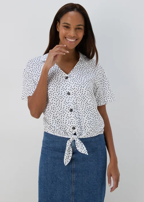 White Spot Print Tie Front Viscose Shirt - 8 Image 1